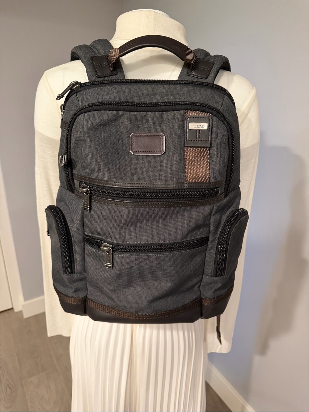 Tumi Gray Backpack with Brown Trim for Men